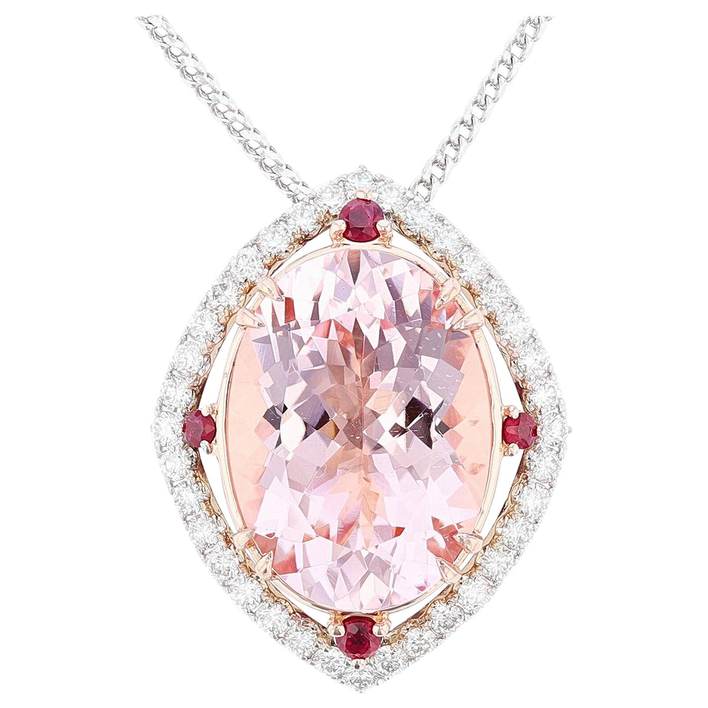 10.79ct Morganite 0.80ct Diamond 1.30ct Ruby 14k White Gold Necklace For Sale