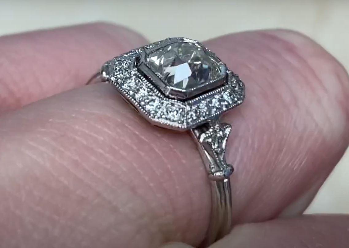 1.07ct Antique Cushion Cut Diamond Engagement Ring, Diamond Halo, Platinum 1