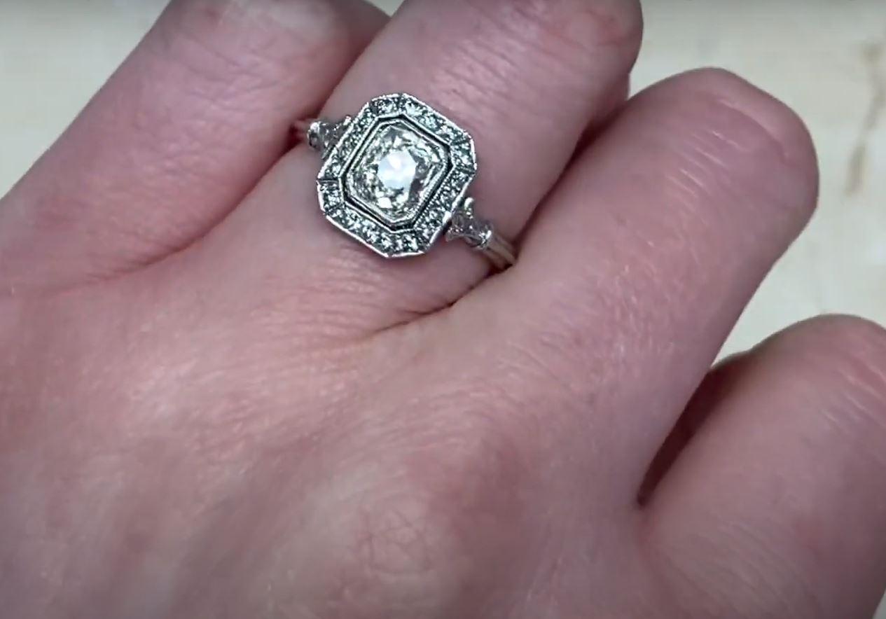 1.07ct Antique Cushion Cut Diamond Engagement Ring, Diamond Halo, Platinum 4