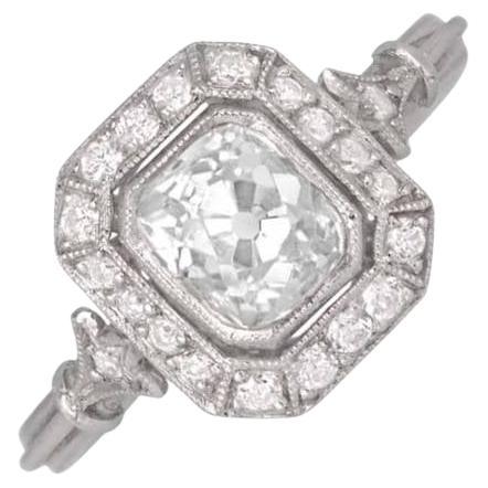 1.07ct Antique Cushion Cut Diamond Engagement Ring, Diamond Halo, Platinum