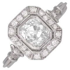 Bague de fiançailles ancienne avec diamant taille coussin de 1,07 carat, halo de diamants, platine