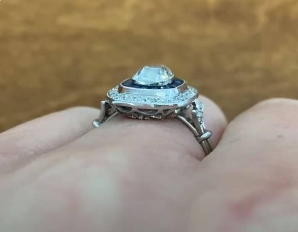 1.07ct Antique Cushion Cut Diamond Engagement Ring, Double Halo, Platinum For Sale 2