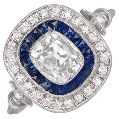Bague de fiançailles ancienne avec diamant taille coussin 1.07 carat, double halo, platine