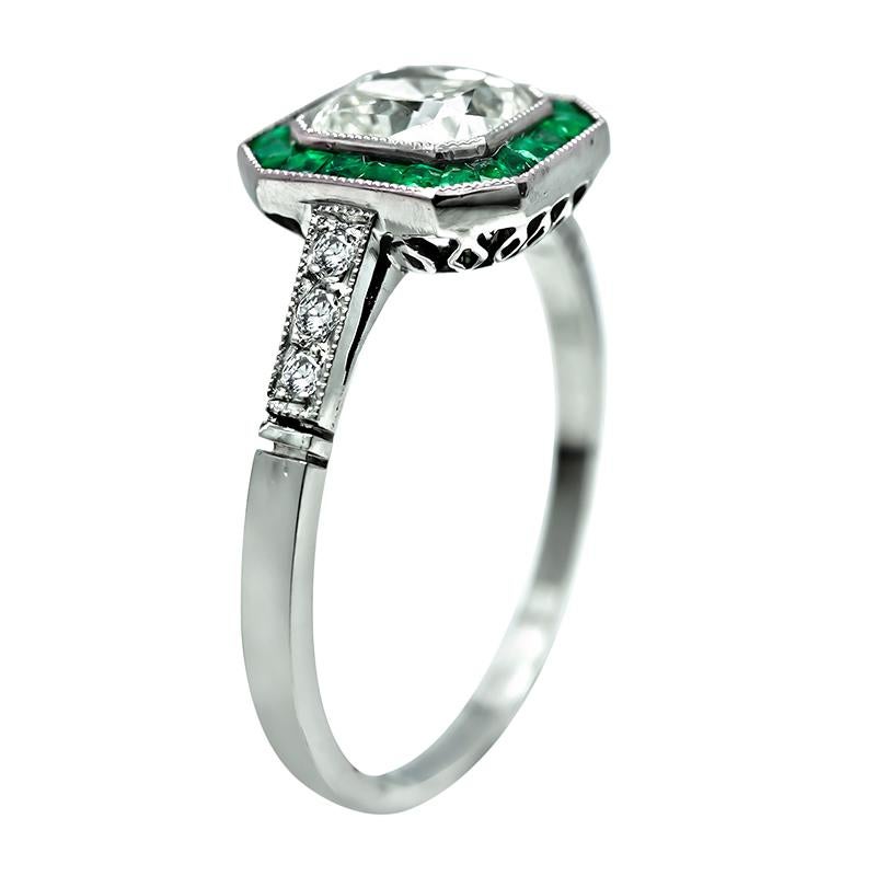 Art Deco 1.07ct Diamond Emerald Engagement Ring For Sale