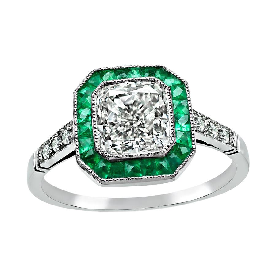 1.07ct Diamond Emerald Engagement Ring For Sale