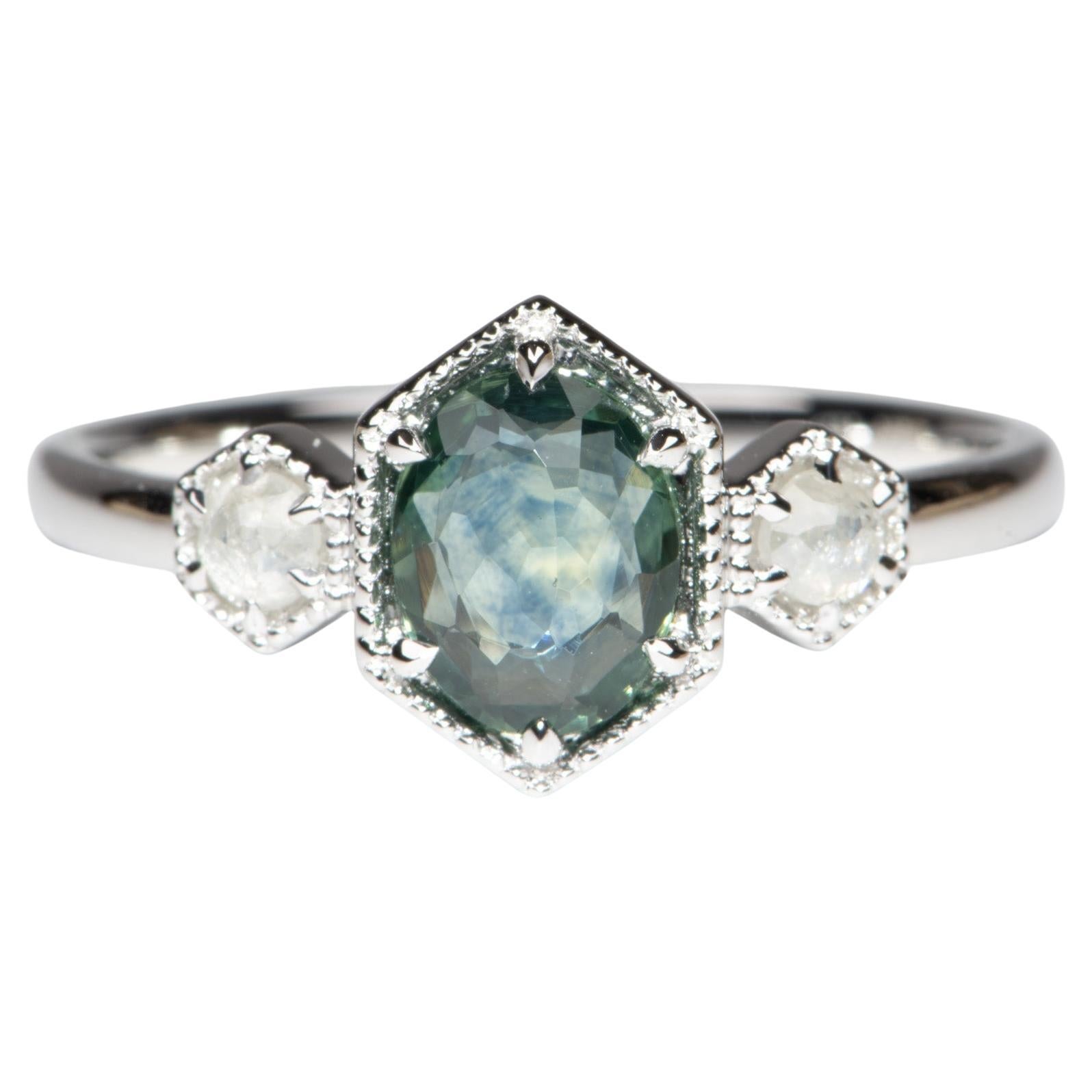 1.07ct Montana Sapphire and Natural Diamond Three-Stone Engagement Ring 14K For Sale