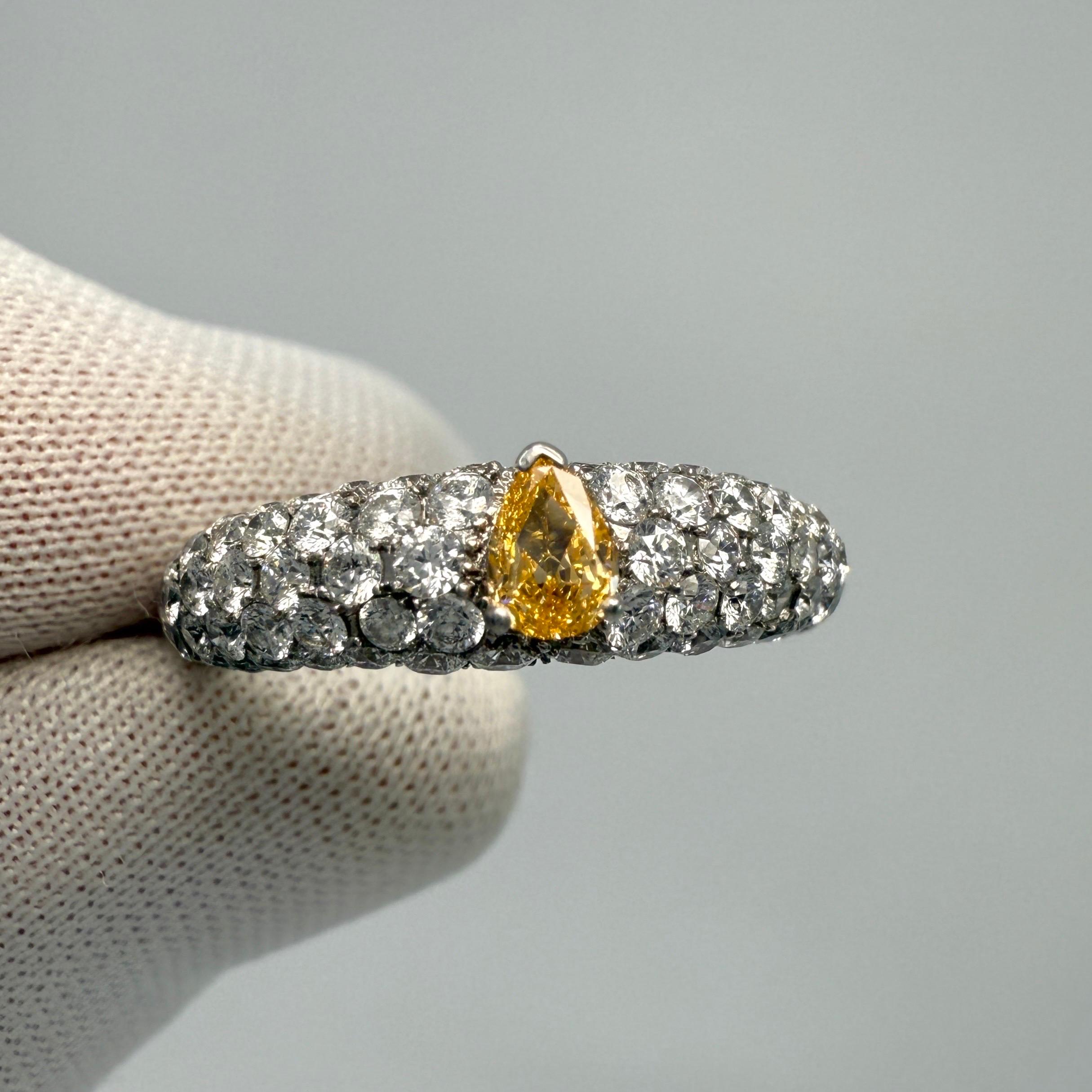 1.07ct Natural Fancy Vivid Orange Yellow Pear Diamond 18k White Gold Pave Ring In Excellent Condition For Sale In Birmingham, GB