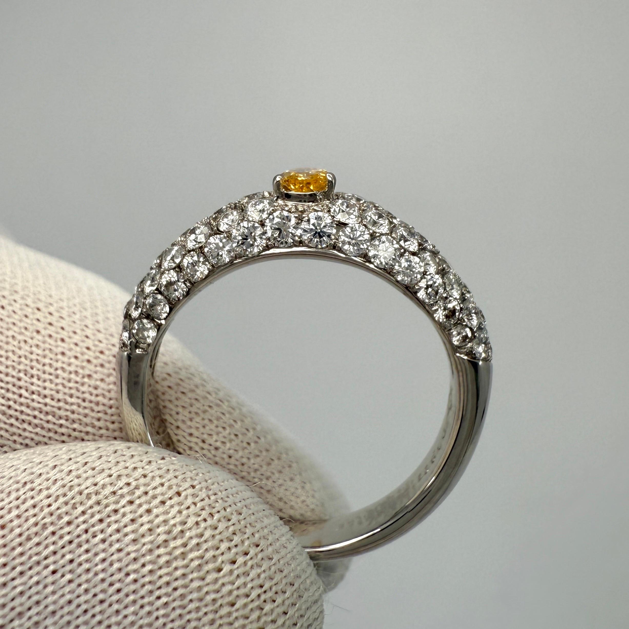 1.07ct Natural Fancy Vivid Orange Yellow Pear Diamond 18k White Gold Pave Ring For Sale 1