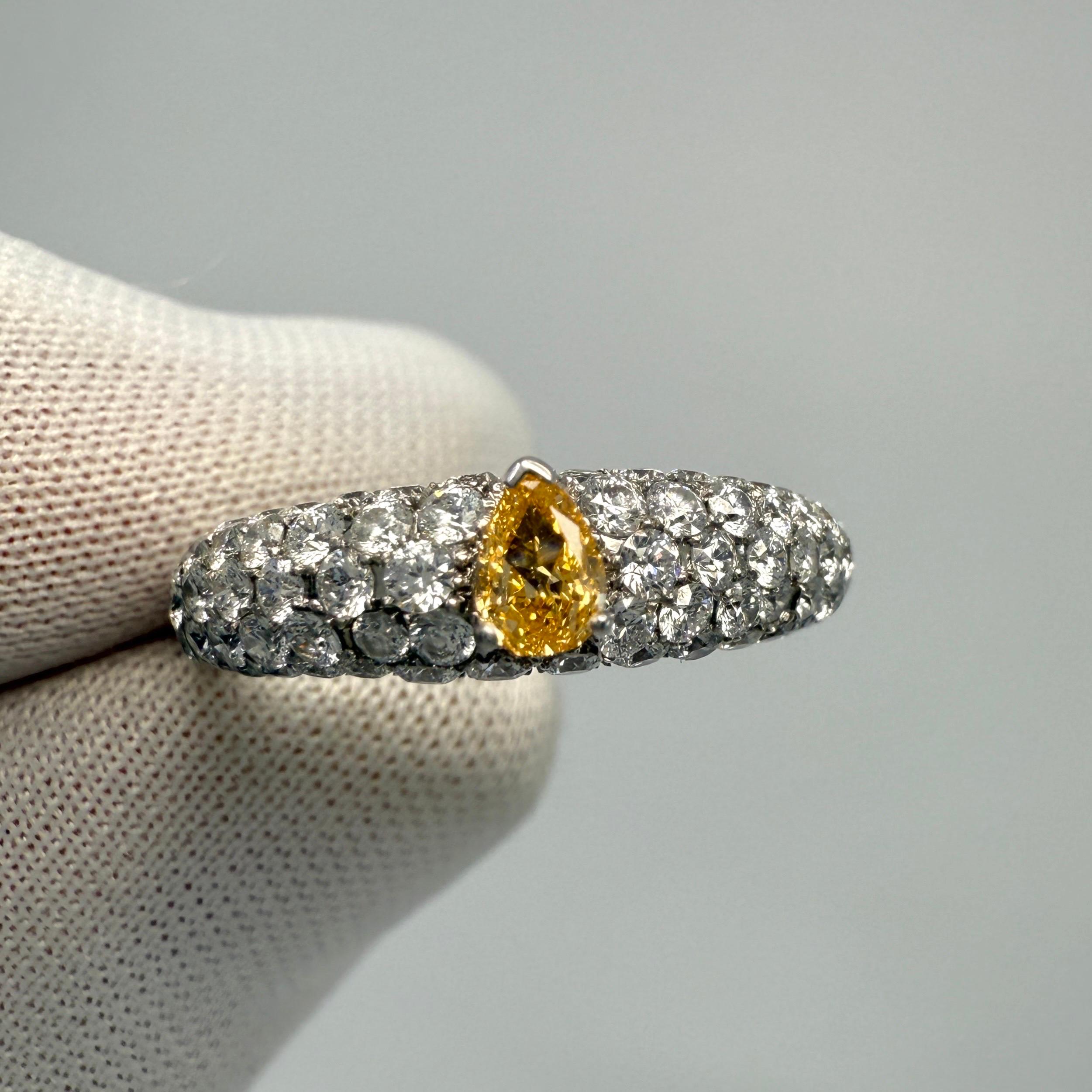 1.07ct Natural Fancy Vivid Orange Yellow Pear Diamond 18k White Gold Pave Ring For Sale 4