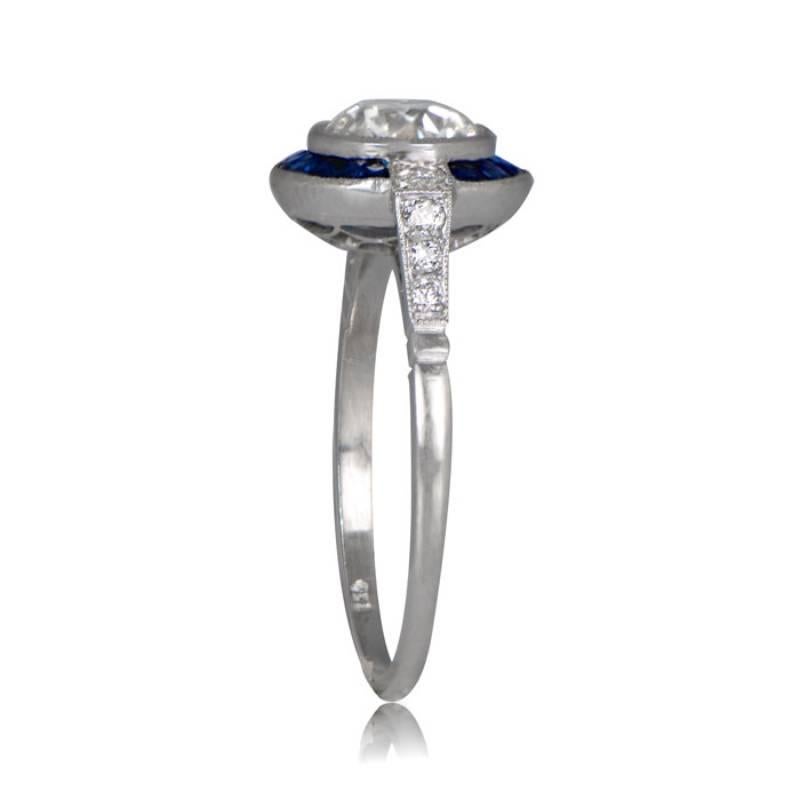 Art Deco 1.07ct Old European Cut Antique Diamond Engagement Ring, Sapphire Halo, Platinum