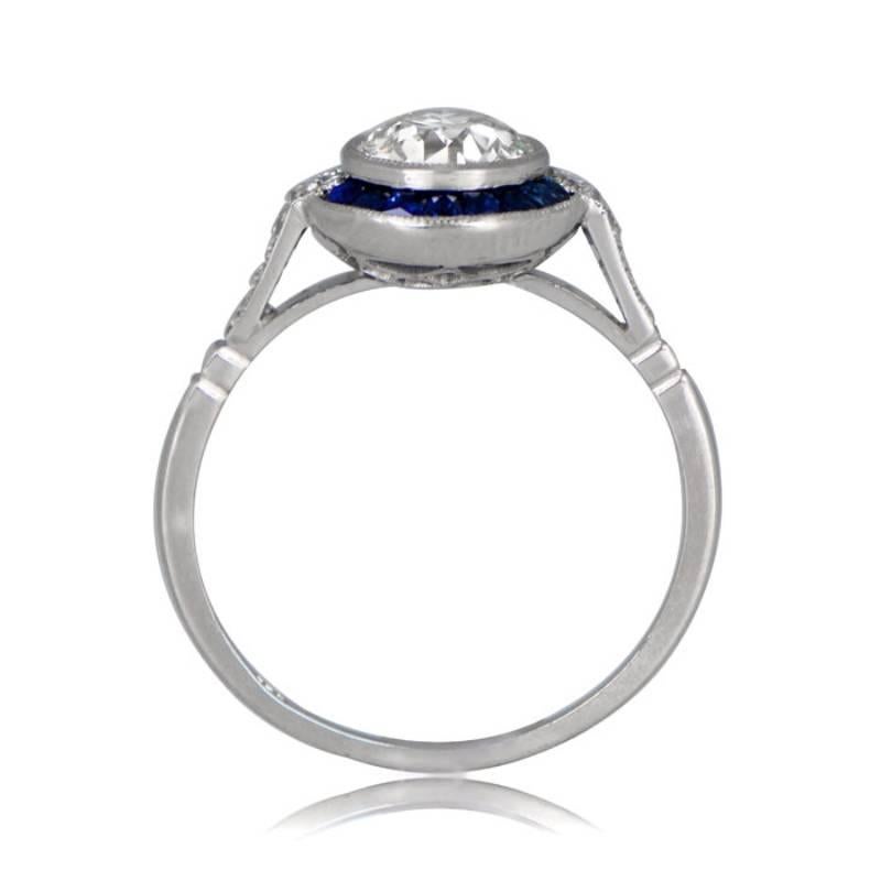 1.07ct Old European Cut Antique Diamond Engagement Ring, Sapphire Halo, Platinum In Excellent Condition In New York, NY