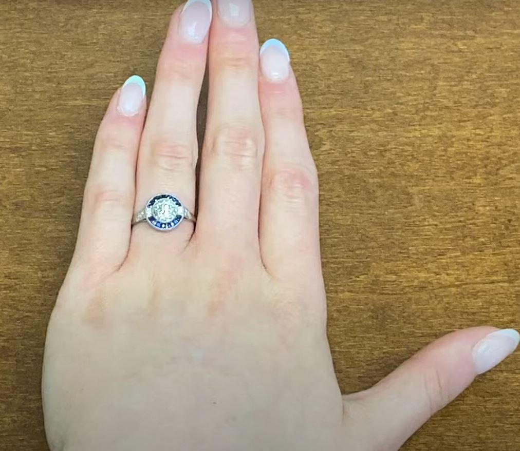 1.07ct Old European Cut Antique Diamond Engagement Ring, Sapphire Halo, Platinum 4
