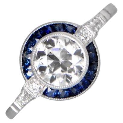 1.07ct Old European Cut Antique Diamond Engagement Ring, Sapphire Halo, Platinum