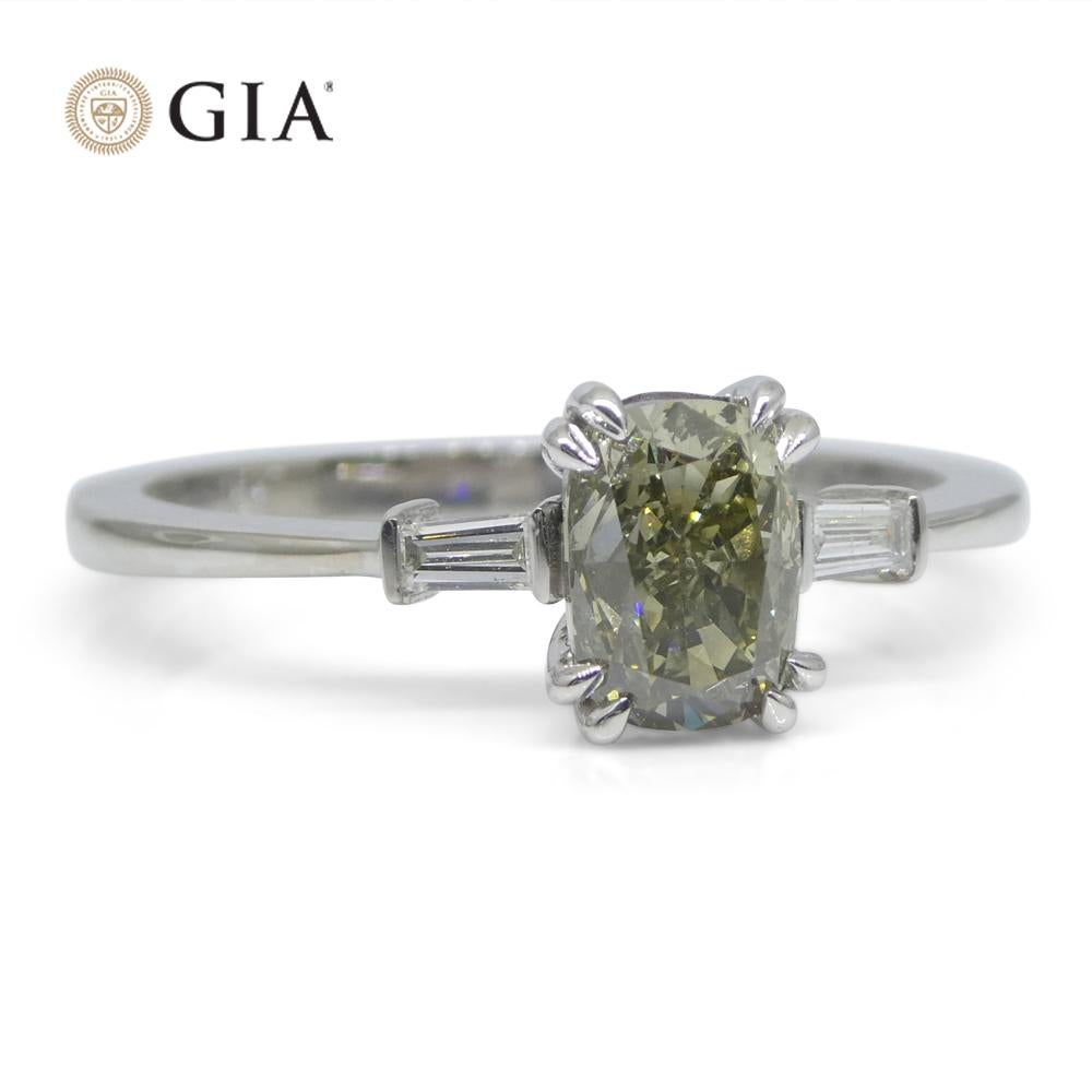 1.07ct Yellowish Green Fancy Diamond Cushion Engagement Ring set in 18k White Go For Sale 5
