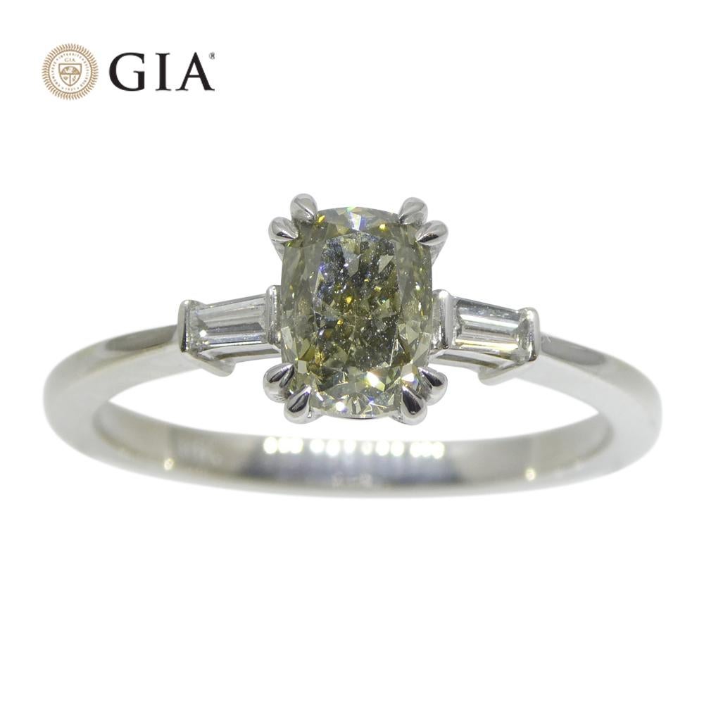 1.07ct Yellowish Green Fancy Diamond Cushion Engagement Ring set in 18k White Go In New Condition For Sale In Toronto, Ontario