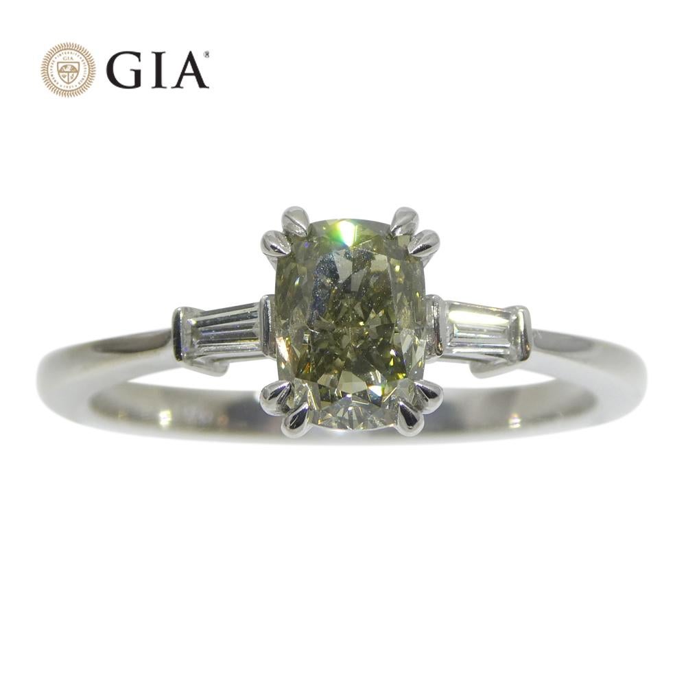 Women's or Men's 1.07ct Yellowish Green Fancy Diamond Cushion Engagement Ring set in 18k White Go For Sale