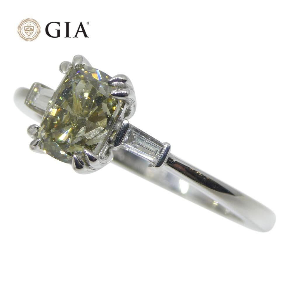 1.07ct Yellowish Green Fancy Diamond Cushion Engagement Ring set in 18k White Go For Sale 1