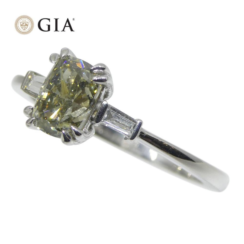 1.07ct Yellowish Green Fancy Diamond Cushion Engagement Ring set in 18k White Go For Sale 2