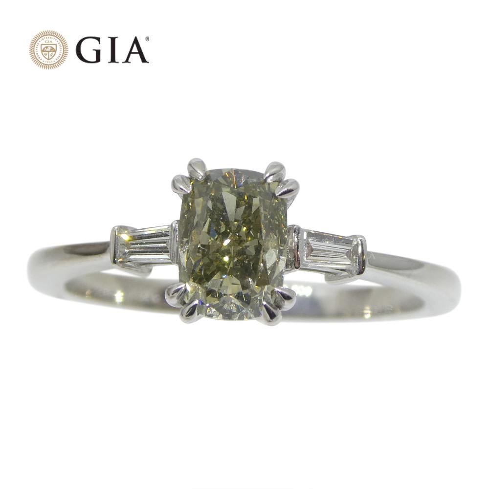 1.07ct Yellowish Green Fancy Diamond Cushion Engagement Ring set in 18k White Go For Sale 3