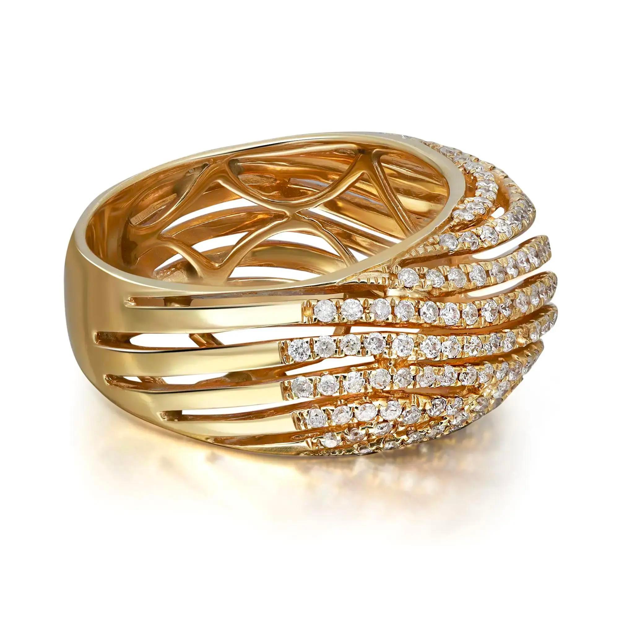 This elegant and classic diamond band ring is crafted in 14k yellow. Features multiple rows of prong set round brilliant cut diamonds set in a dome shaped shank weighing 1.07 carats. Diamond color I and SI clarity. Ring width: 10.8mm. Ring size: