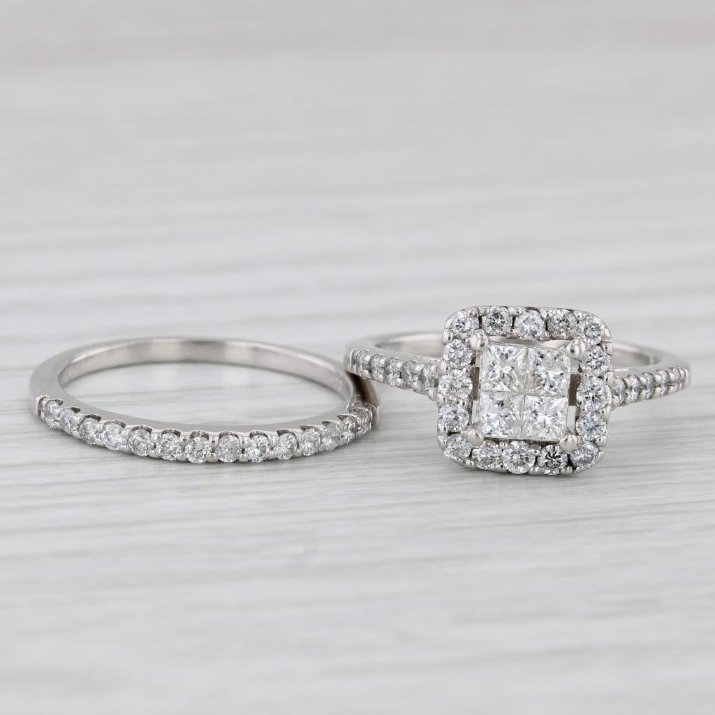1.07ctw Princess Diamond Halo Engagement Ring Wedding Band Bridal Set 14k Gold For Sale 5