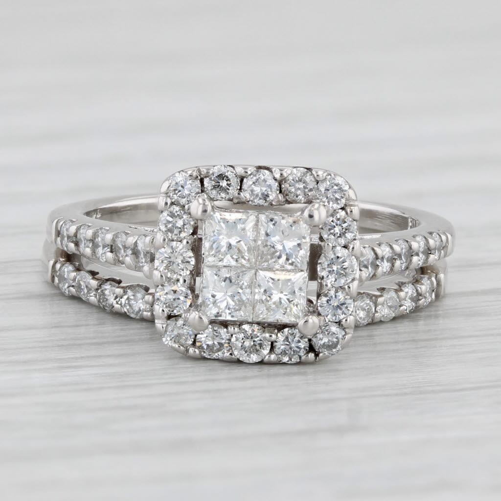 Gemstone Information: Natural Diamonds - 1.07 Total Carats
- Engagement -
Center
Total Carats - 0.40ctw 
Cut - Princess
Color - H - I
Clarity - VS2

Accents
Total Carats - 0.47ctw
Cut - Round Brilliant
Color - H - J
Clarity - I1

- Wedding -
Total