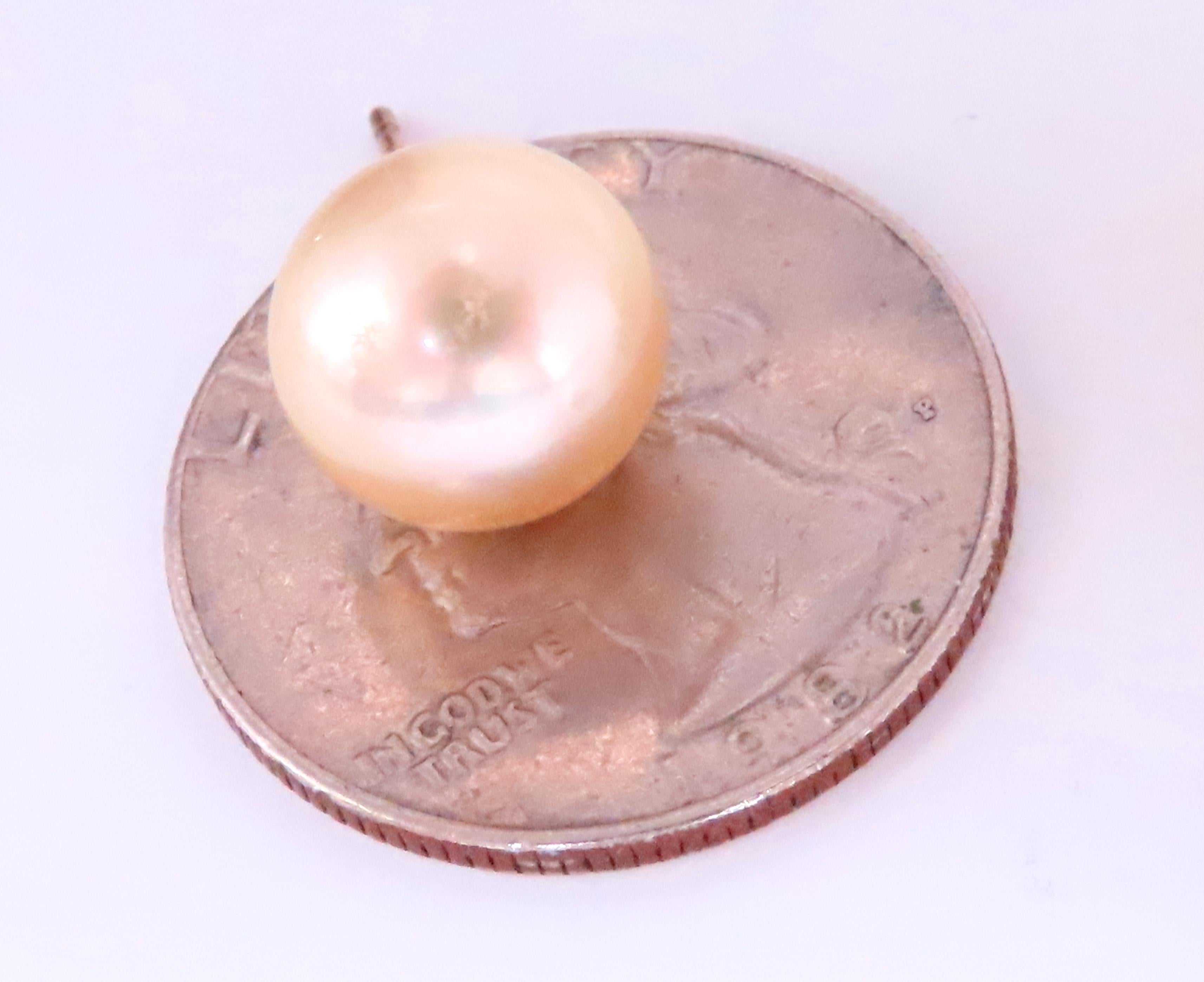 Late Victorian 10.7mm Vintage Baroque Pearl Stud Earrings 14kt Gold 12380 For Sale