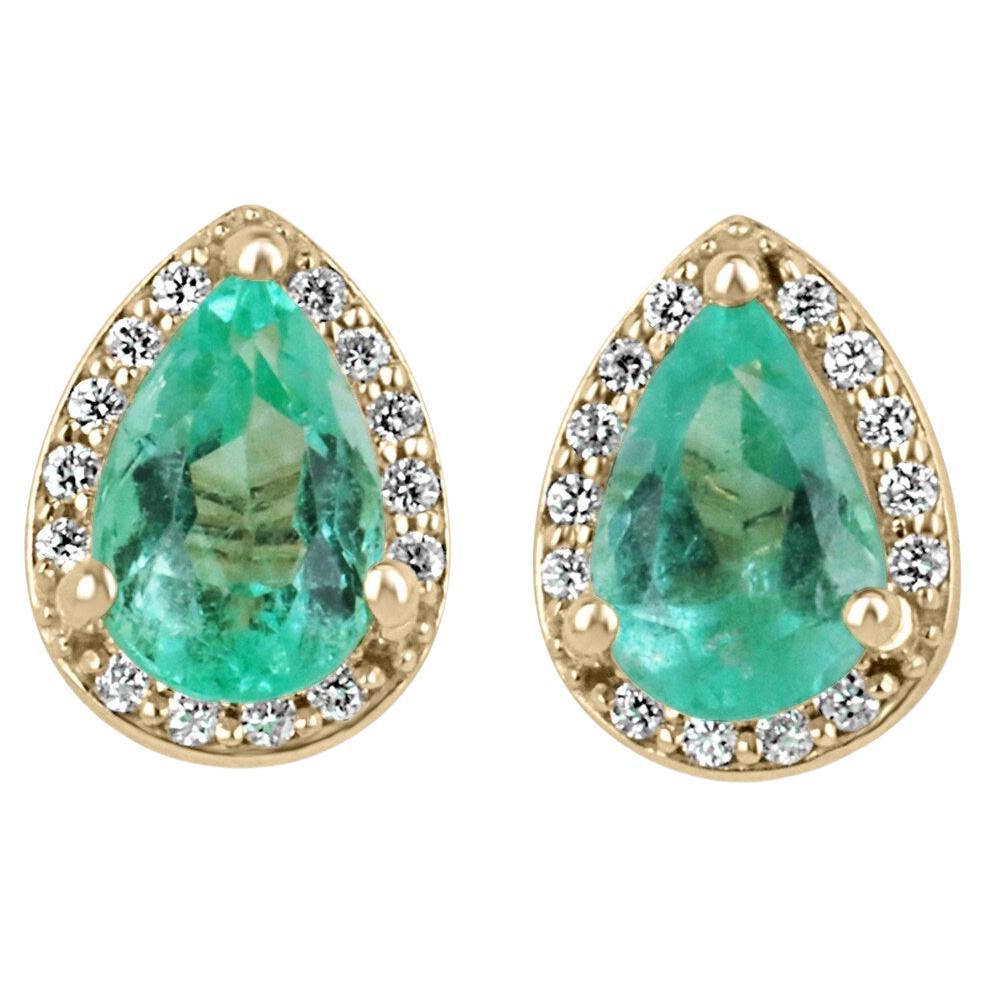 1.07tcw 14K Or Teardrop Boucles d'oreilles Halo Emeraude Poire & Diamant 8x6mm Real