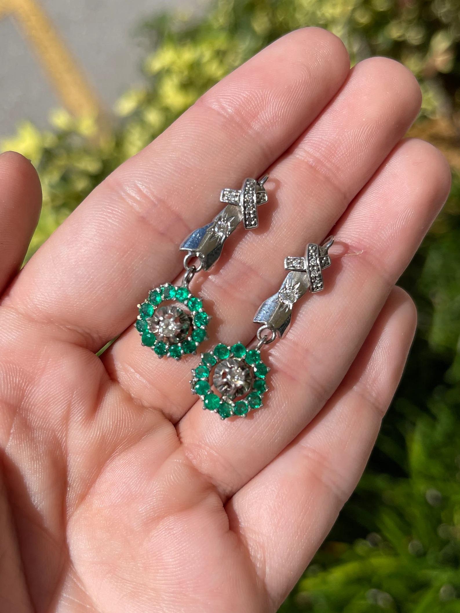 Modern 1.07tcw Colombian Emerald Round Cut & Diamond Accent Earrings 14K For Sale