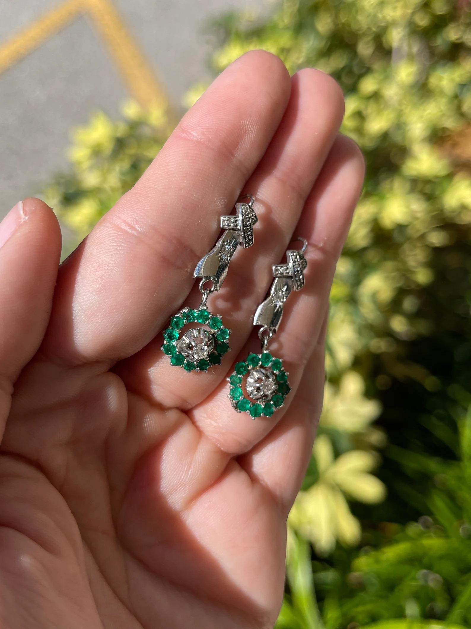 1.07tcw Colombian Emerald Round Cut & Diamond Accent Earrings 14K For Sale 1