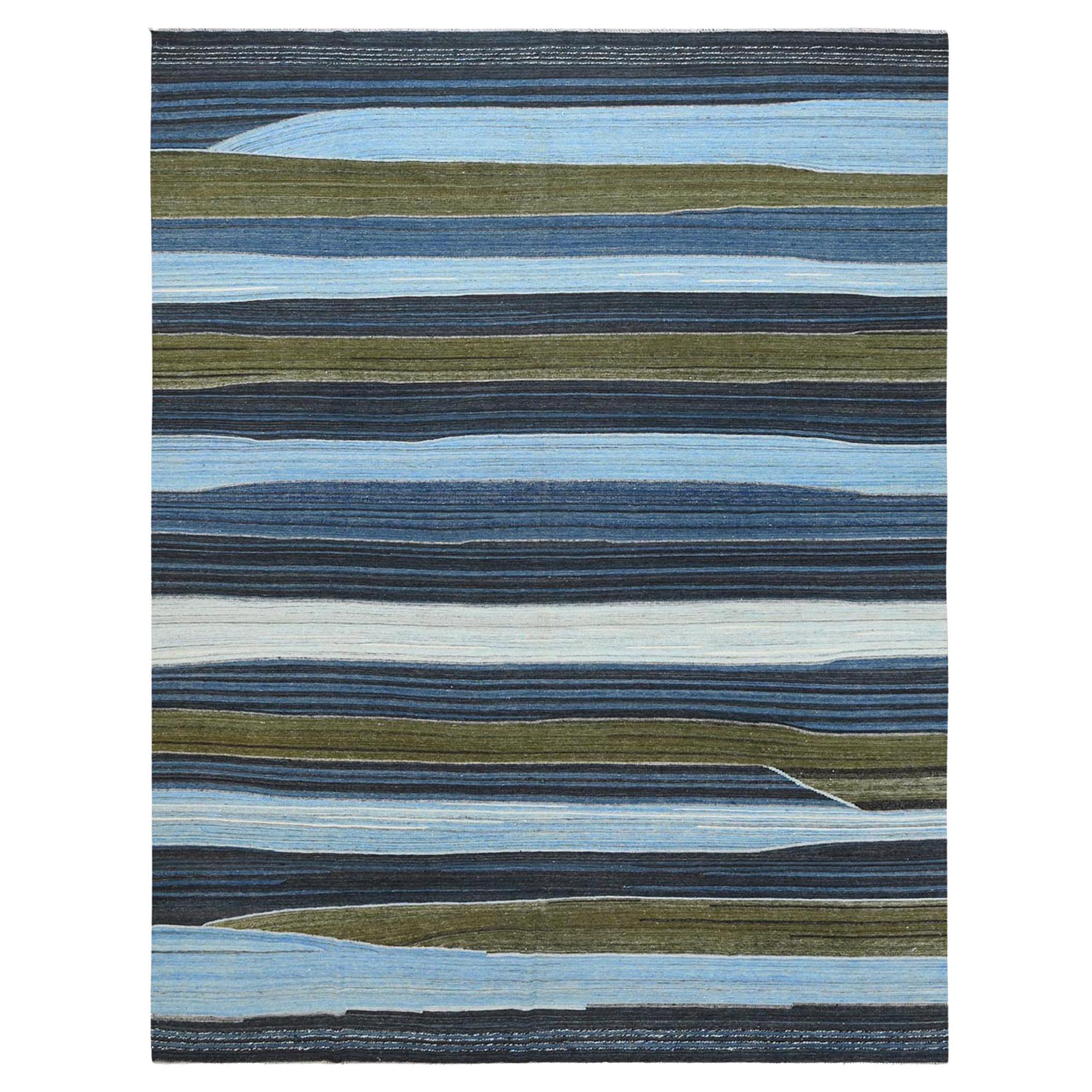 10'7 "x13'8" Blaues und braunes Berg-Design Flachgewebe-Kilim-Teppich aus reiner Wolle