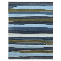 10'7 "x13'8" Alfombra de Lana Pura Kilim de Tejido Plano con Diseño Montañés Azul y Marrón