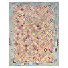 10'7"x14'  Colorful, Extra Soft Wool, Afghan Kilim, Hand Woven, Oriental Rug