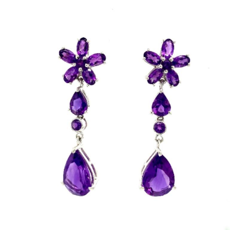 10.8 Carat Amethyst Flower Dangle Drop Earrings in sterling silver to make a statement with your look. You shall need stud earrings to make a statement with your look. These earrings create a sparkling, luxurious look featuring pear, round, oval cut