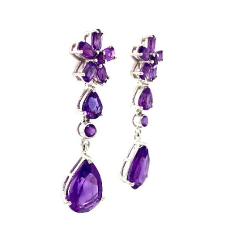 10.8 Carat Amethyst Flower Dangle Drop Earrings for Mom Gift in 925 Solid Silver In New Condition For Sale In New York, NY
