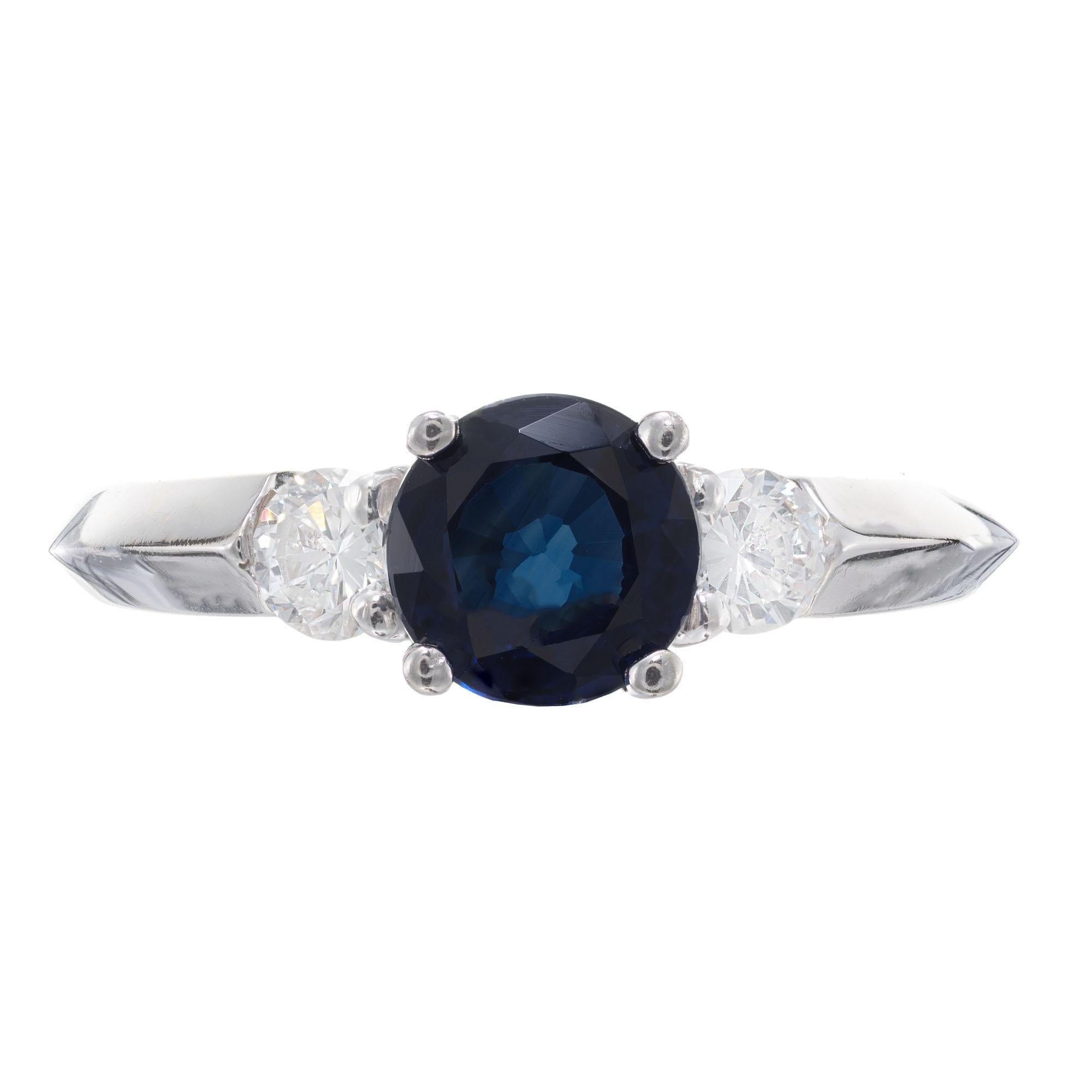 Women's 1.08 Carat Blue Sapphire Diamond 14 Karat White Gold Three-Stone Ring For Sale
