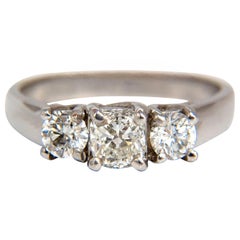 1.08 Carat Classic Three Natural Cushion and Rounds Diamond Ring 14 Karat*