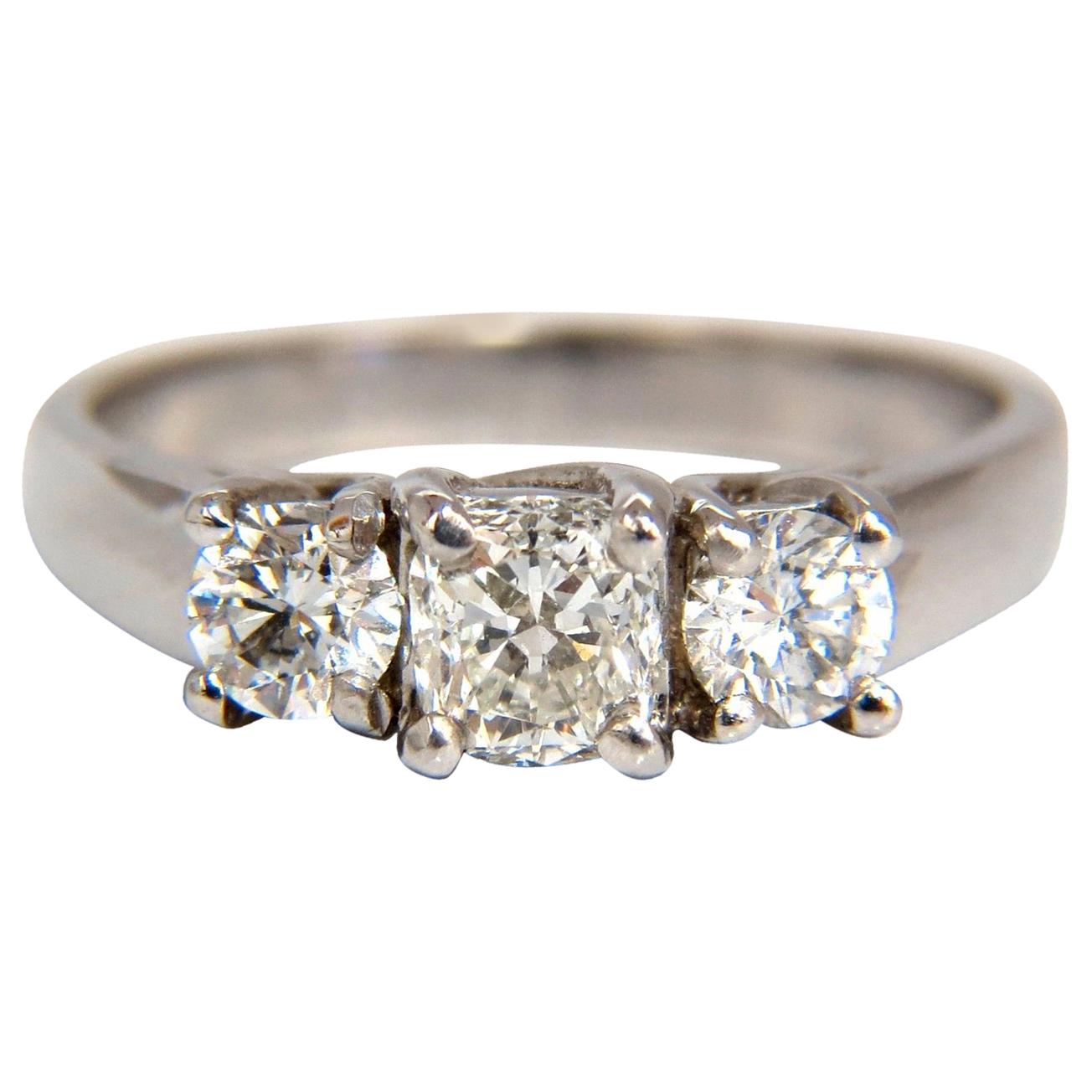 1.08 Carat Classic Three Natural Cushion and Rounds Diamond Ring 14 Karat For Sale