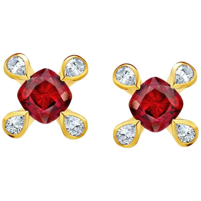 1.08 Carat Cushion Red Ruby and Diamond 18k Yellow Gold Earrings