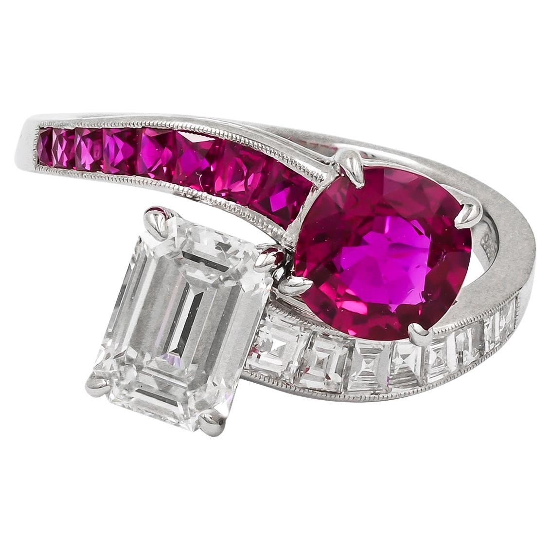 Sophia D. 1.08 Carat Diamond and 1.08 Carat Ruby Toi et Moi Platinum Ring For Sale