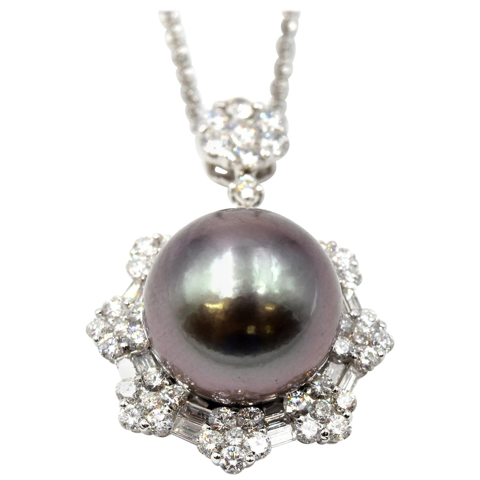 1.08 Carat Diamond and Pearl 18 Karat White Gold Pearl Pendant Necklace