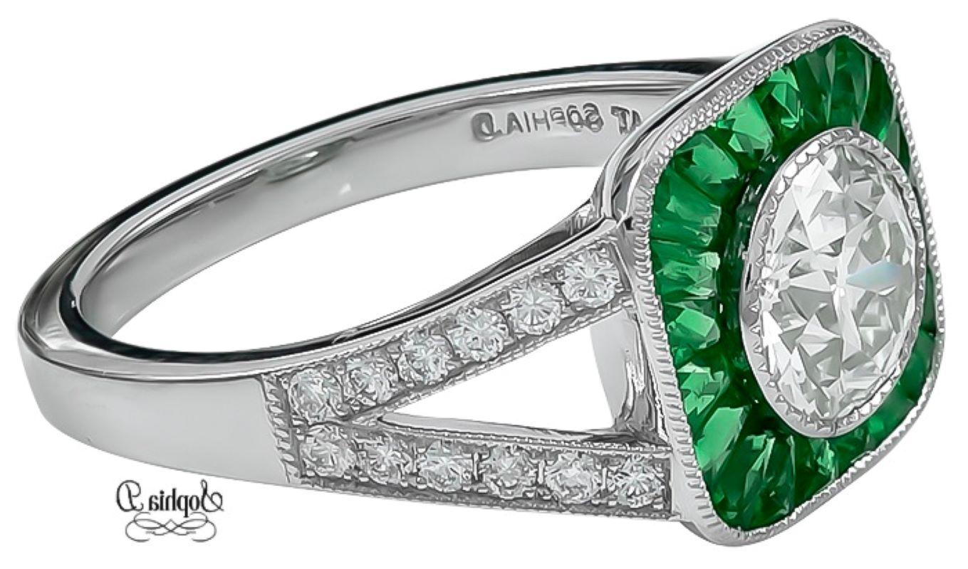 1.08 Carat Diamond with 0.55 Emerald Diamond and 0.26 Carat Diamond Art Deco Ring