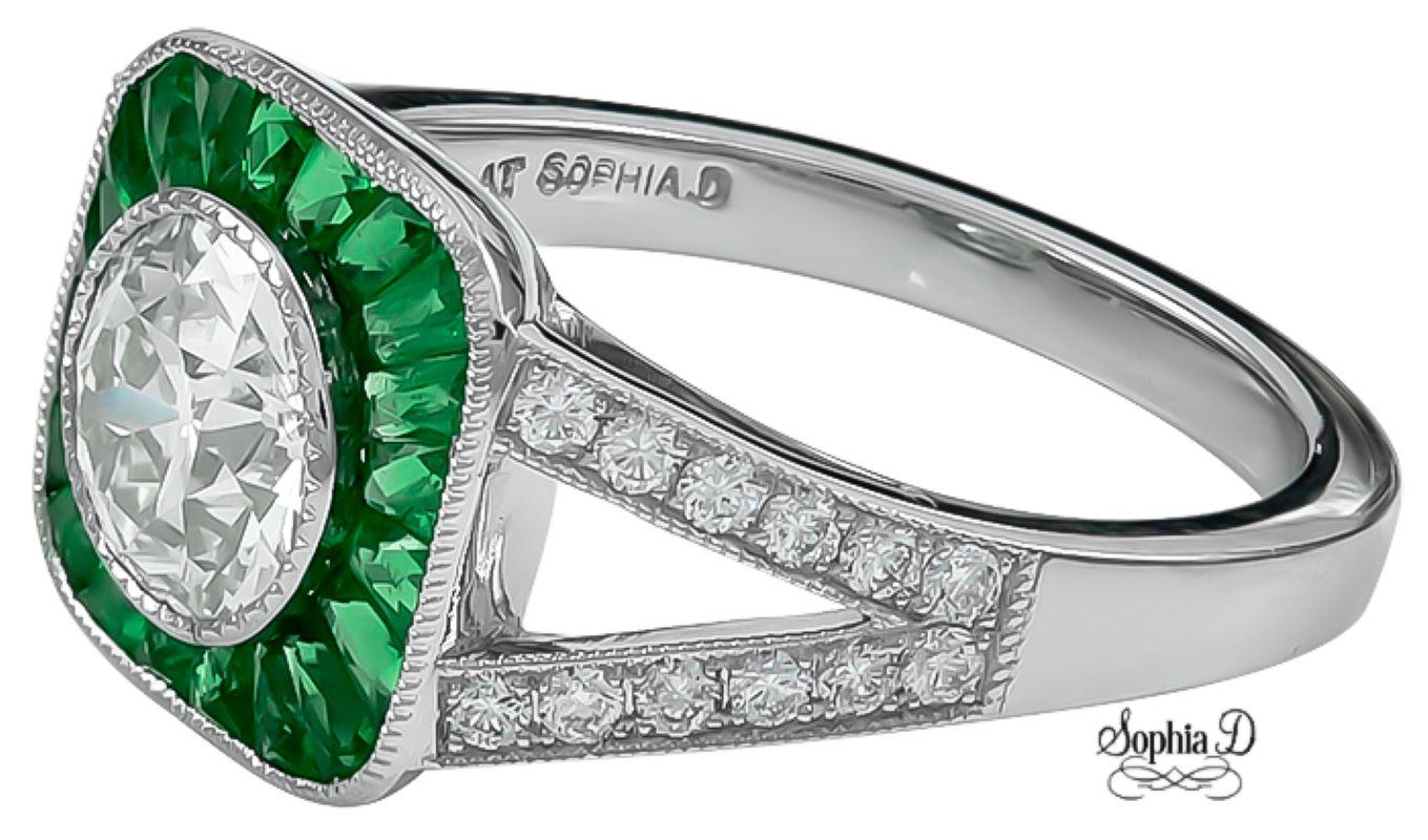 Round Cut Sophia D. 1.08 Carat Diamond with Emerald Art Deco Ring For Sale