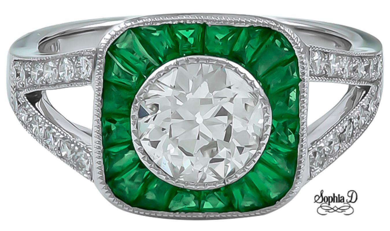 Sophia D. 1.08 Carat Diamond with Emerald Art Deco Ring In New Condition For Sale In New York, NY