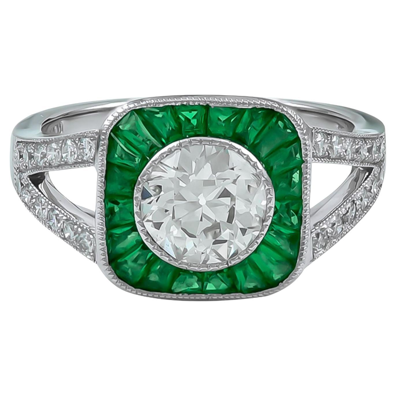 Sophia D. 1.08 Carat Diamond with Emerald Art Deco Ring For Sale