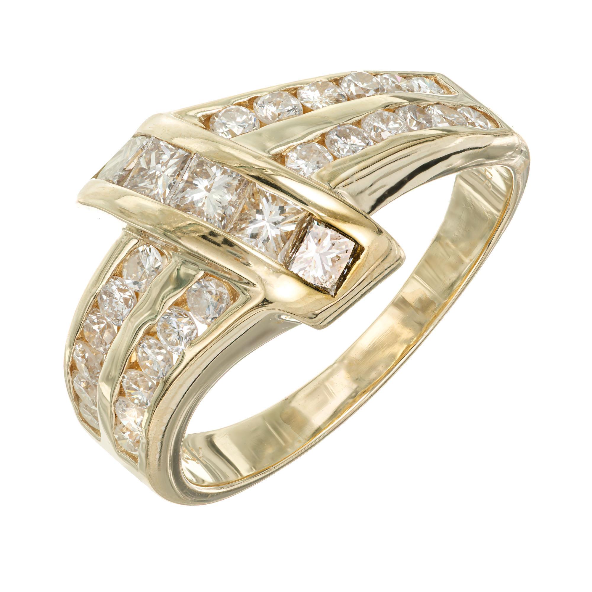 1980's Designer DBS cross over princess and round brilliant cut diamond ring. 5 Princess cut diamonds with 24 round brilliant cut diamonds in a 14k yellow gold setting. 

5 princess cut diamonds, H-I VS approx. .60cts
24 round brilliant cut