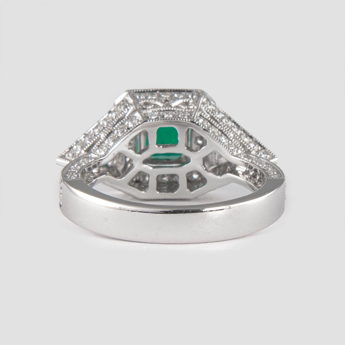 1.08 Carat Emerald Three-Stone Diamond with Halo Ring 18 Karat Gold In New Condition For Sale In BEVERLY HILLS, CA
