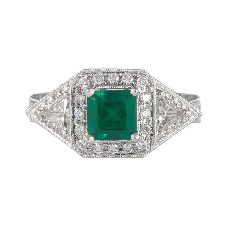 6.08 Carat Colombian Emerald Cut Emerald and Diamond Three-Stone Ring ...