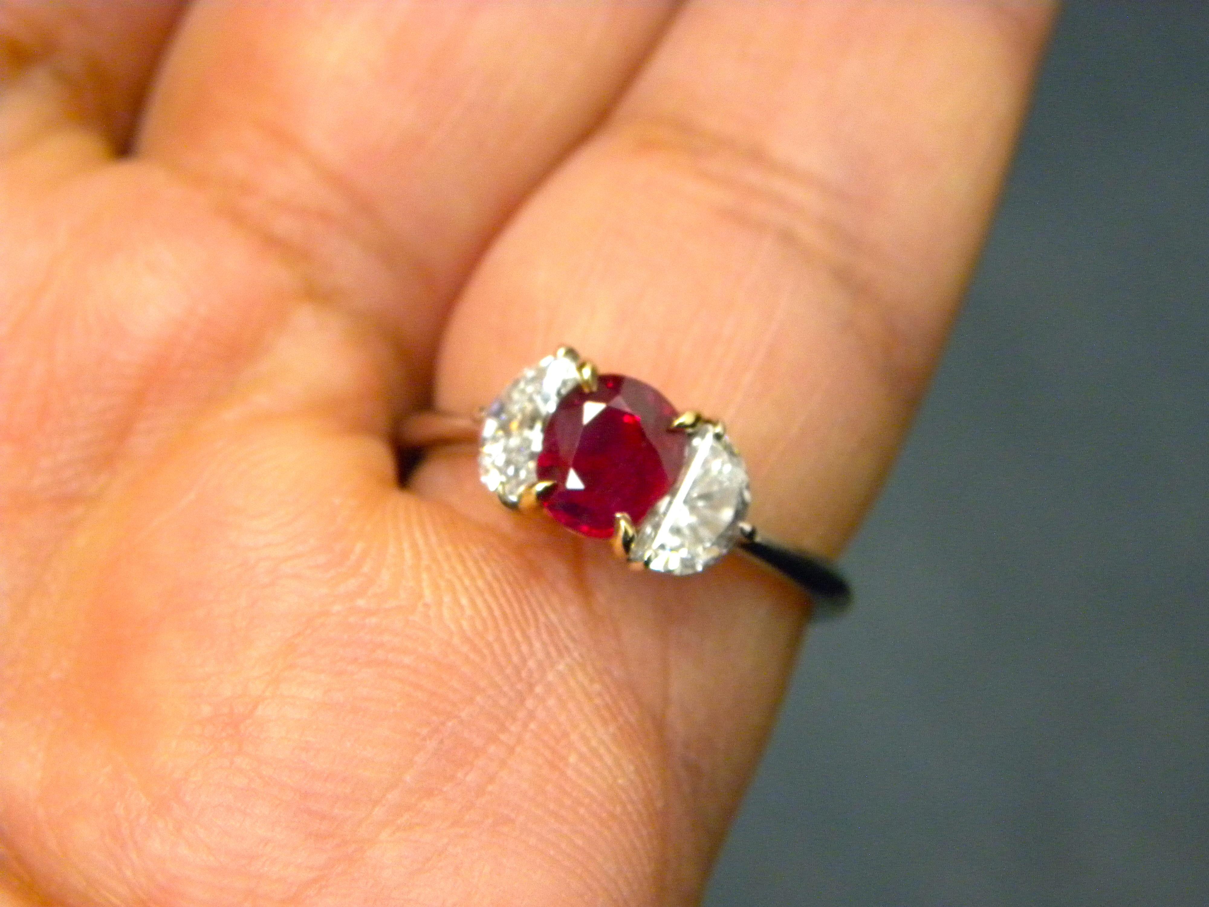 1.08 Carat GIA Certified Burma No Heat Pigeon's Blood Red Ruby and Diamond Ring 6