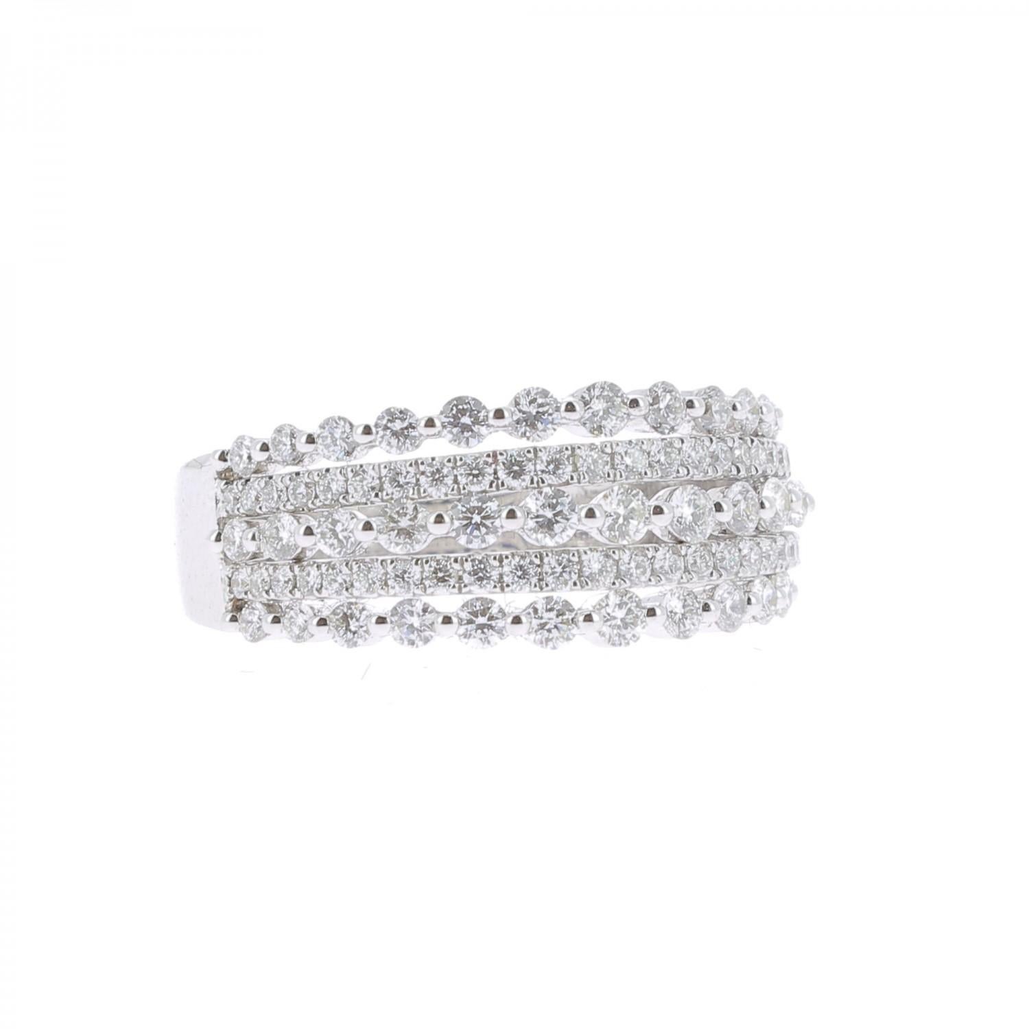 A wonderful Diamond Ring set with 5 row of Round Diamonds weighing 1.08 Carats.
The Diamonds are GVS quality.
The  Diamond Cocktail Ring is in 18K White Gold.
The ring weight 5.33 Grams.
The ring size is 6 ½ US and can be size.
